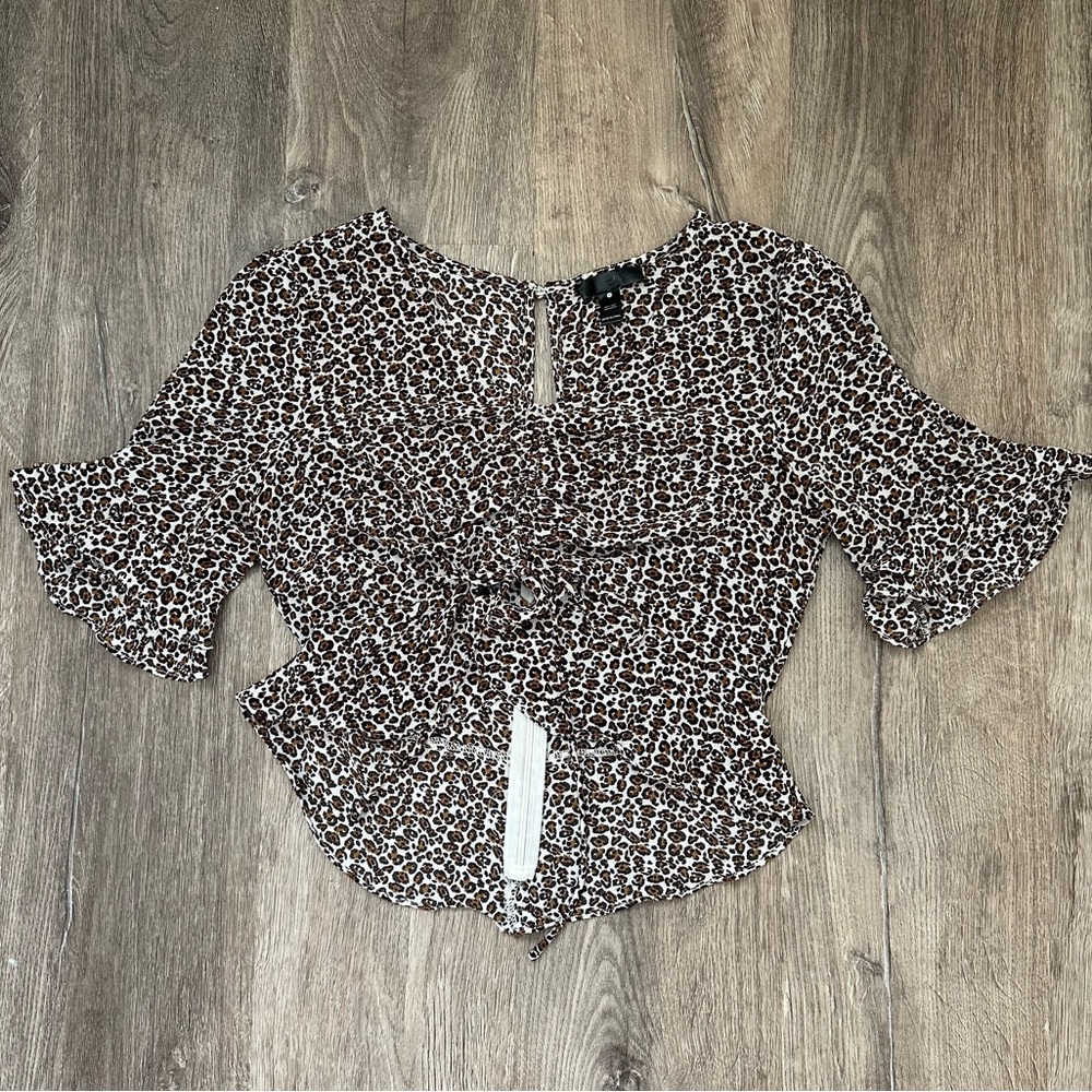 Aqua Leopard Print Ruffle Front Women’s Top - Brown/White